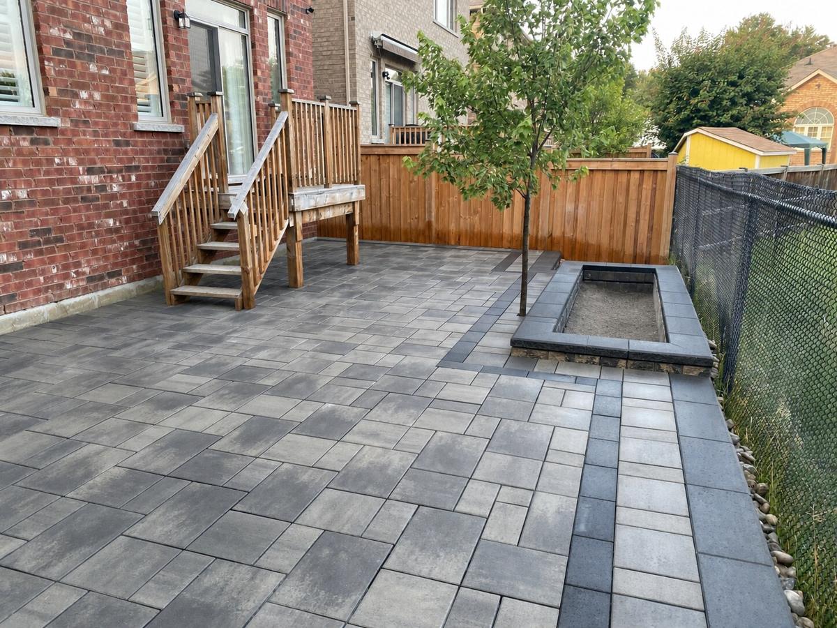 Daylight interlock patio with a young tree and raised stone planter
