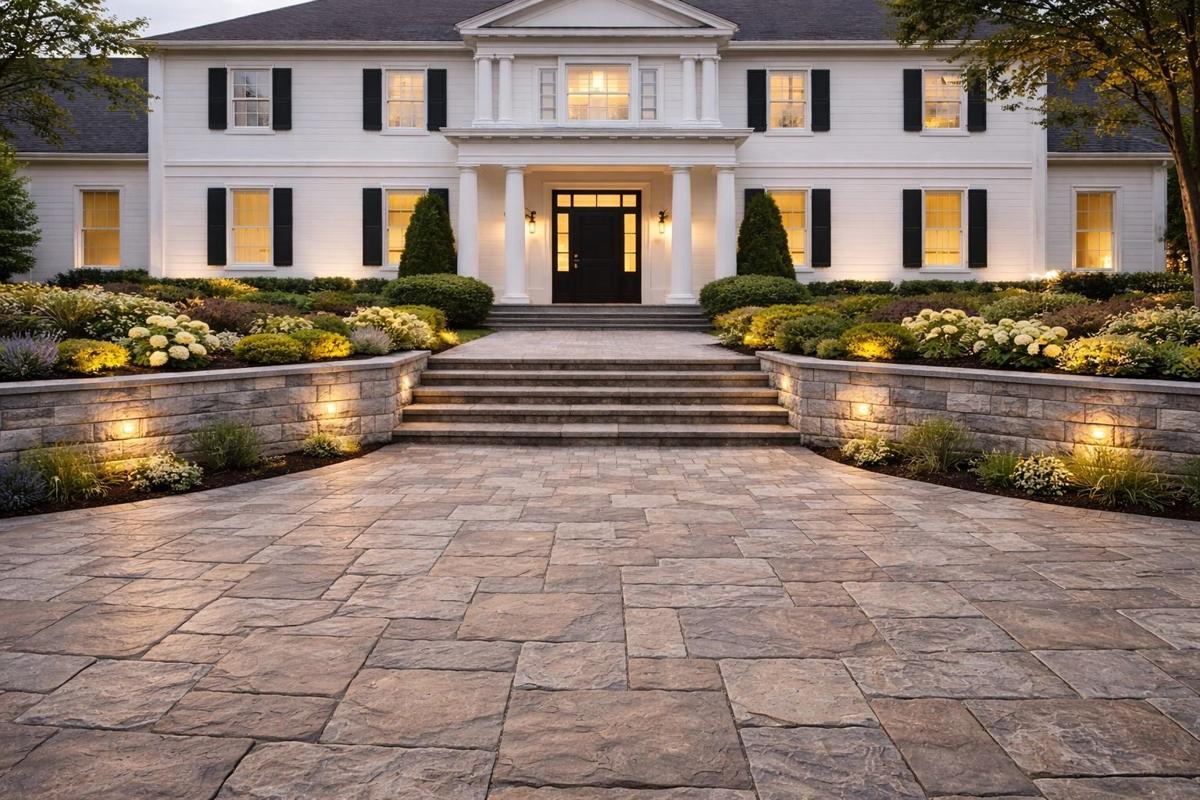 Grand home entrance with a lit interlock walkway and garden lighting at dusk