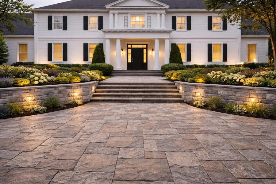 Grand front entrance with a lit interlock walkway and garden lighting at dusk