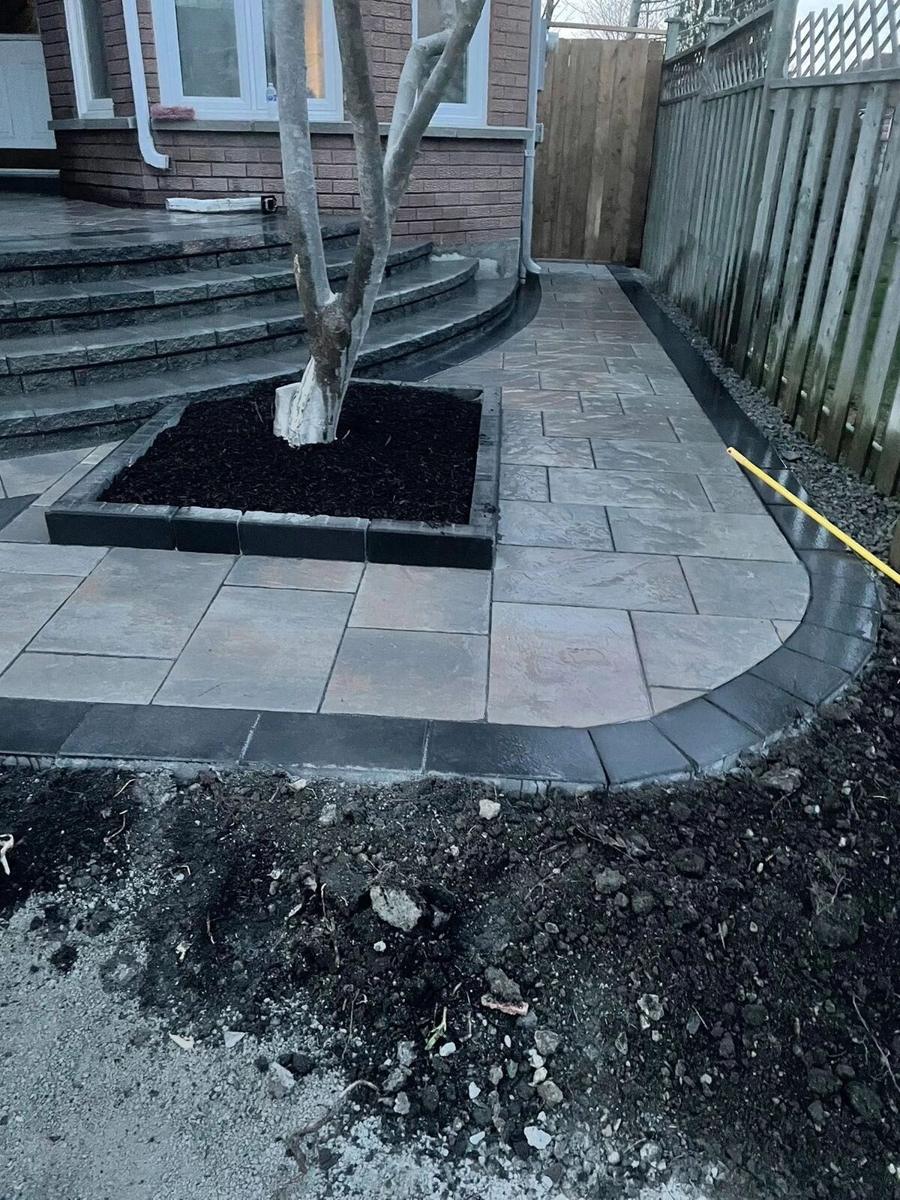 Interlock patio with a planted tree well and a gravel border
