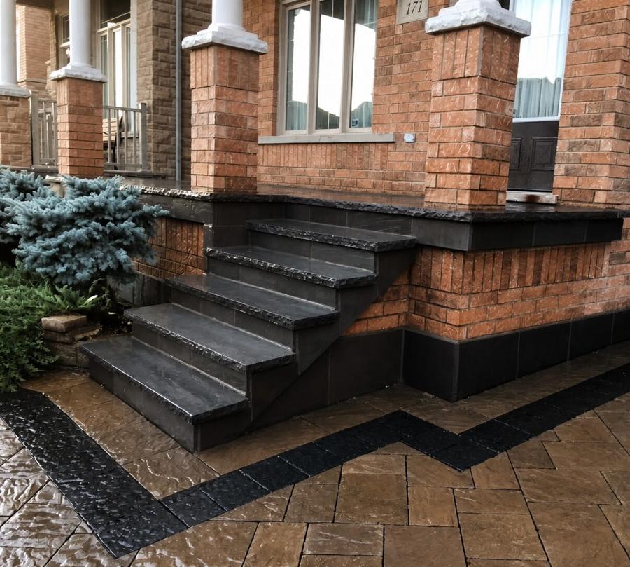 Dark stone entrance steps and porch edging above a patterned walkway at a brick home