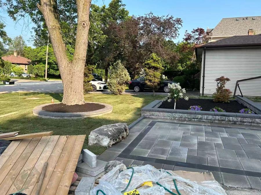Backyard with a mature tree, stone patio and lawn