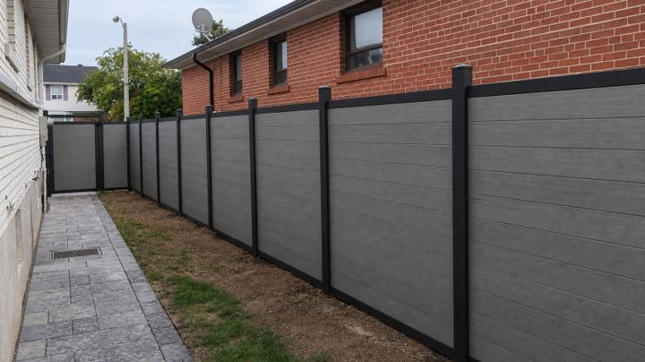 Composite privacy fence with a paver walkway down a side yard