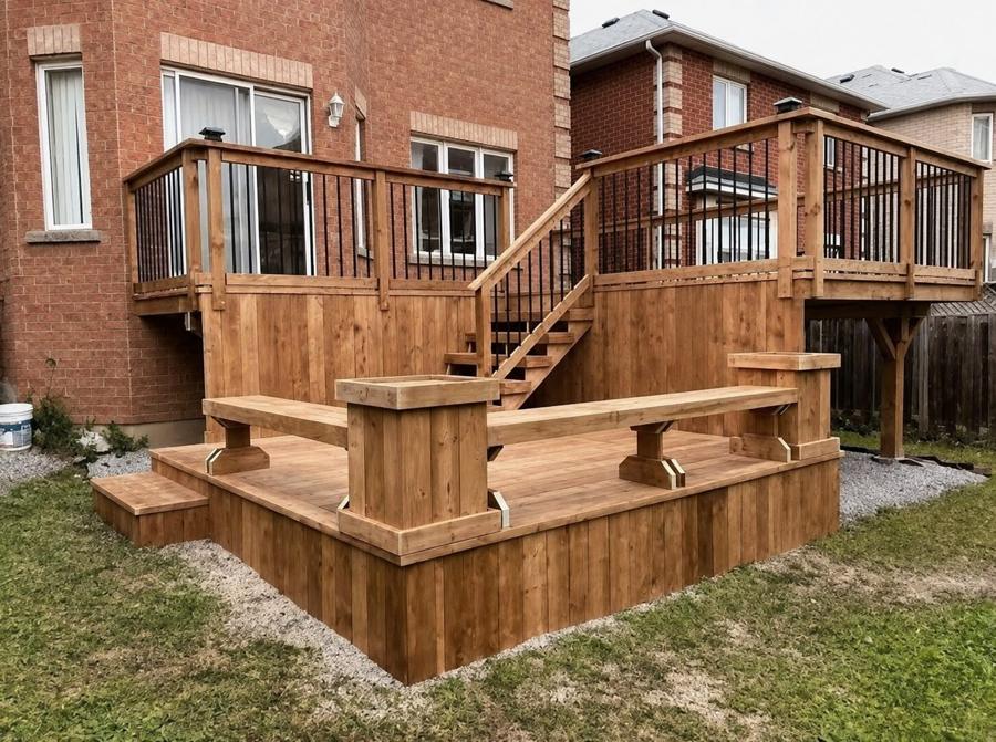 Multilevel cedar deck with central steps, built-in benches and raised planter boxes