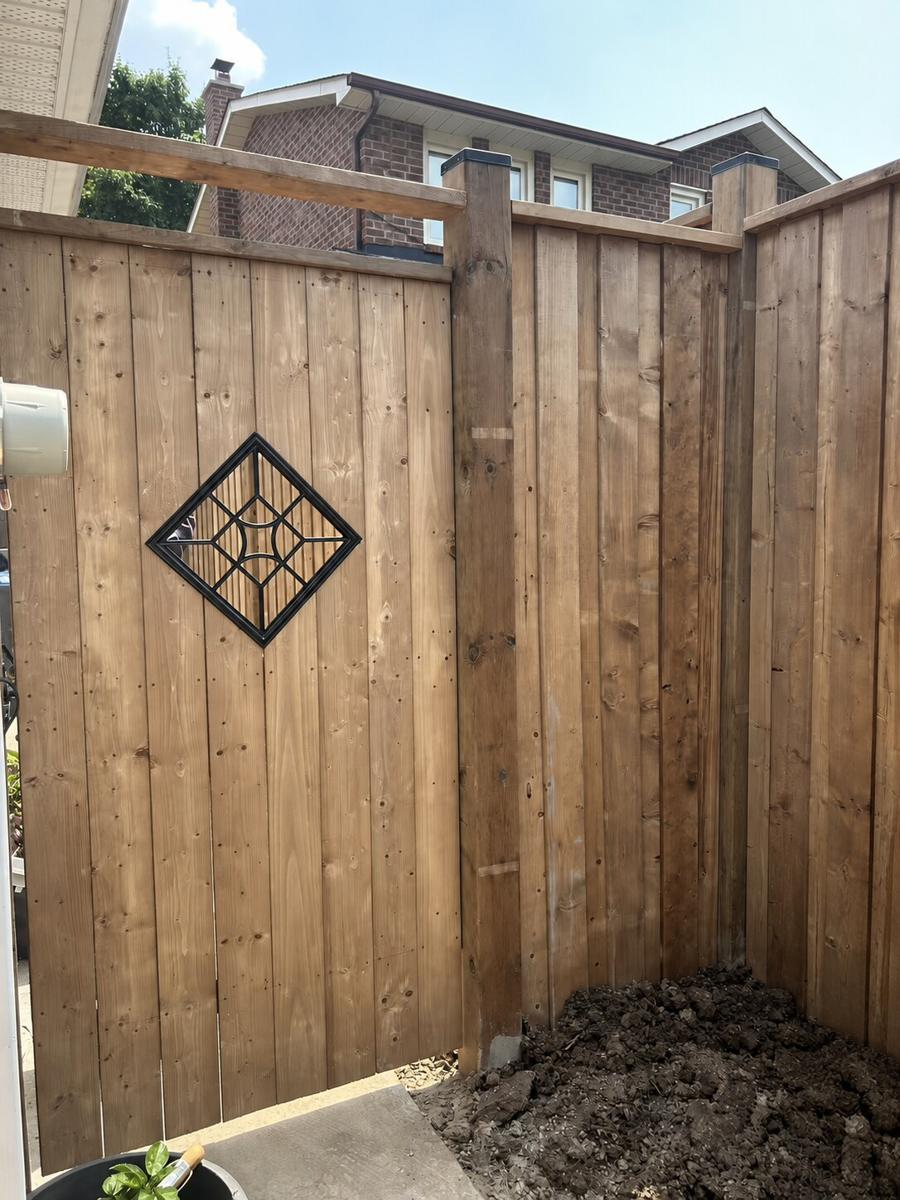 Garden side of a wooden gate with a black diamond insert, beside matching privacy fencing