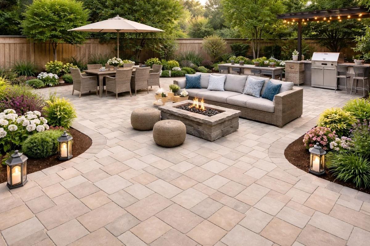 A finished backyard paver patio with a fire-pit lounge, dining area, and outdoor kitchen, framed by garden beds.